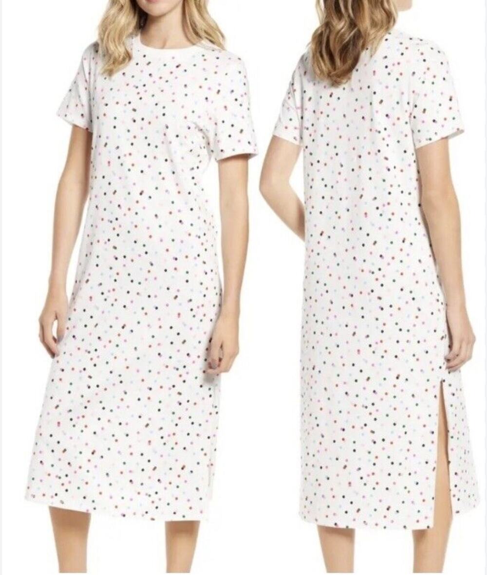 NEW Ban.do White Party Polka Dot T-Shirt Sleep Dress Midi Short Sleeve Small